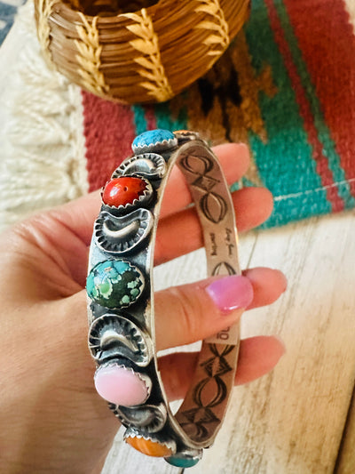 Navajo Multi Stone & Sterling Silver Bangle Bracelet Signed Leroy James