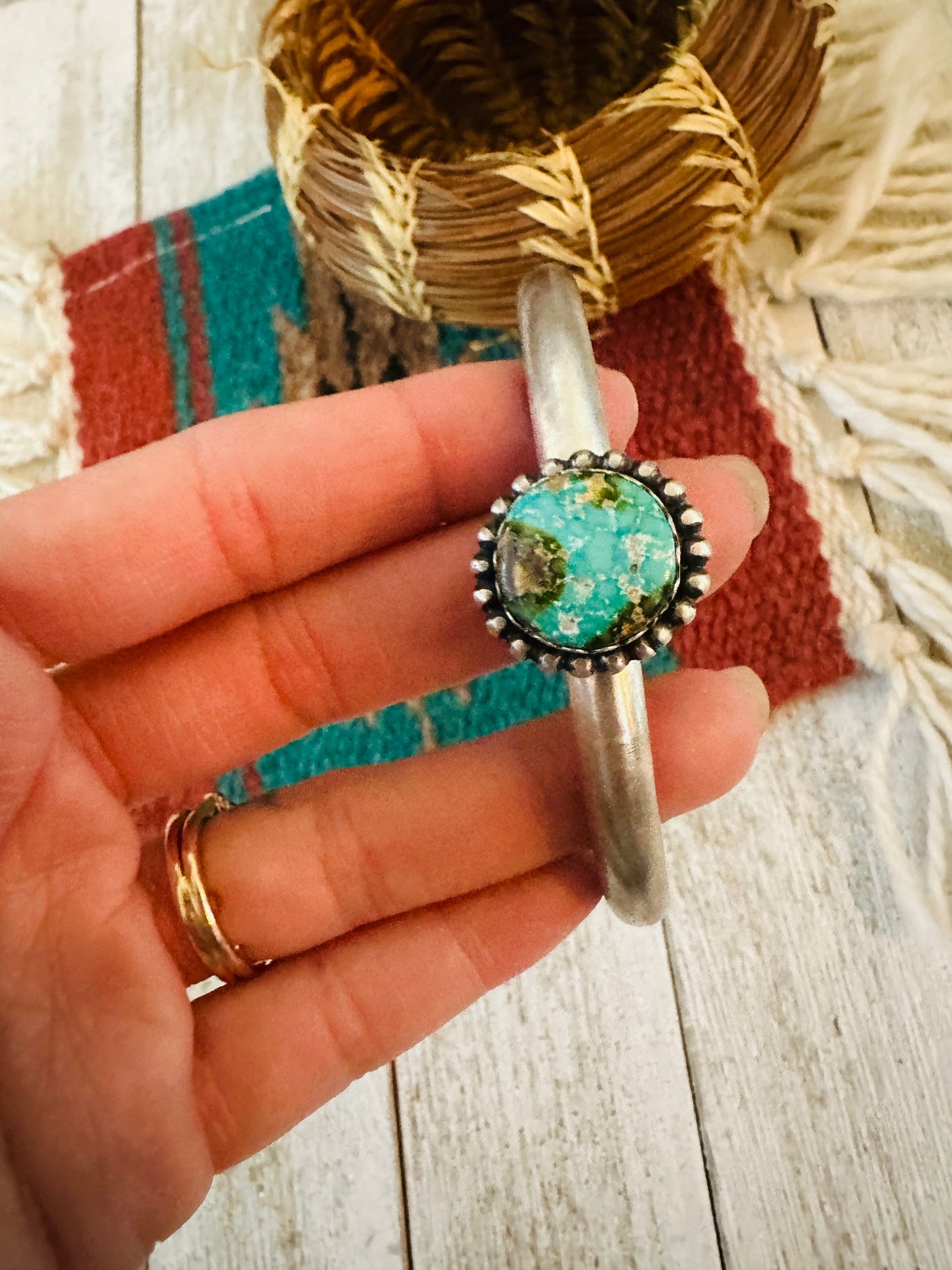 Handcrafted Sonoran Mountain Turquoise & Sterling Silver Cuff Bracelet by Russell Sam