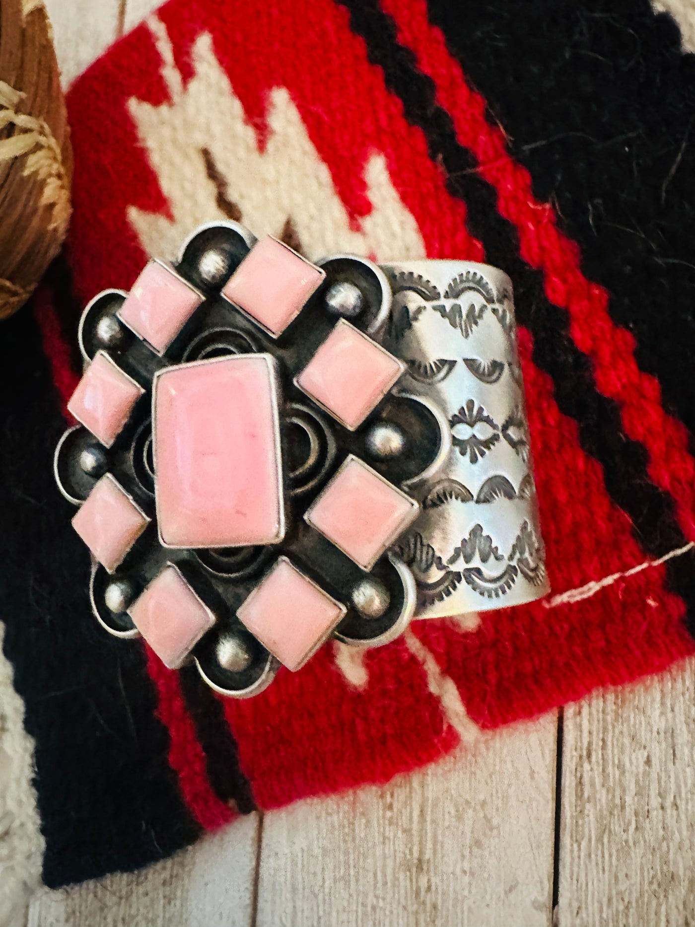 Handcrafted Queen Pink Conch Shell & Sterling Silver Cuff Bracelet by Chimney Butte