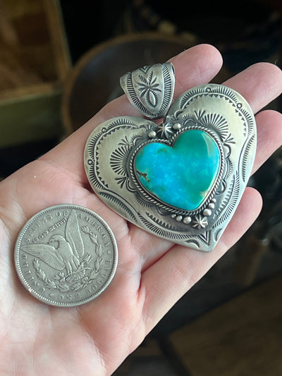 Hand Stamped Sterling Silver & Sonoran Mountain Turquoise Heart Pendant by Bernyse Chavez