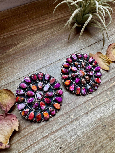 Giant Cluster Earrings – Pink Dahlia Color & Sterling Silver - One of a kind