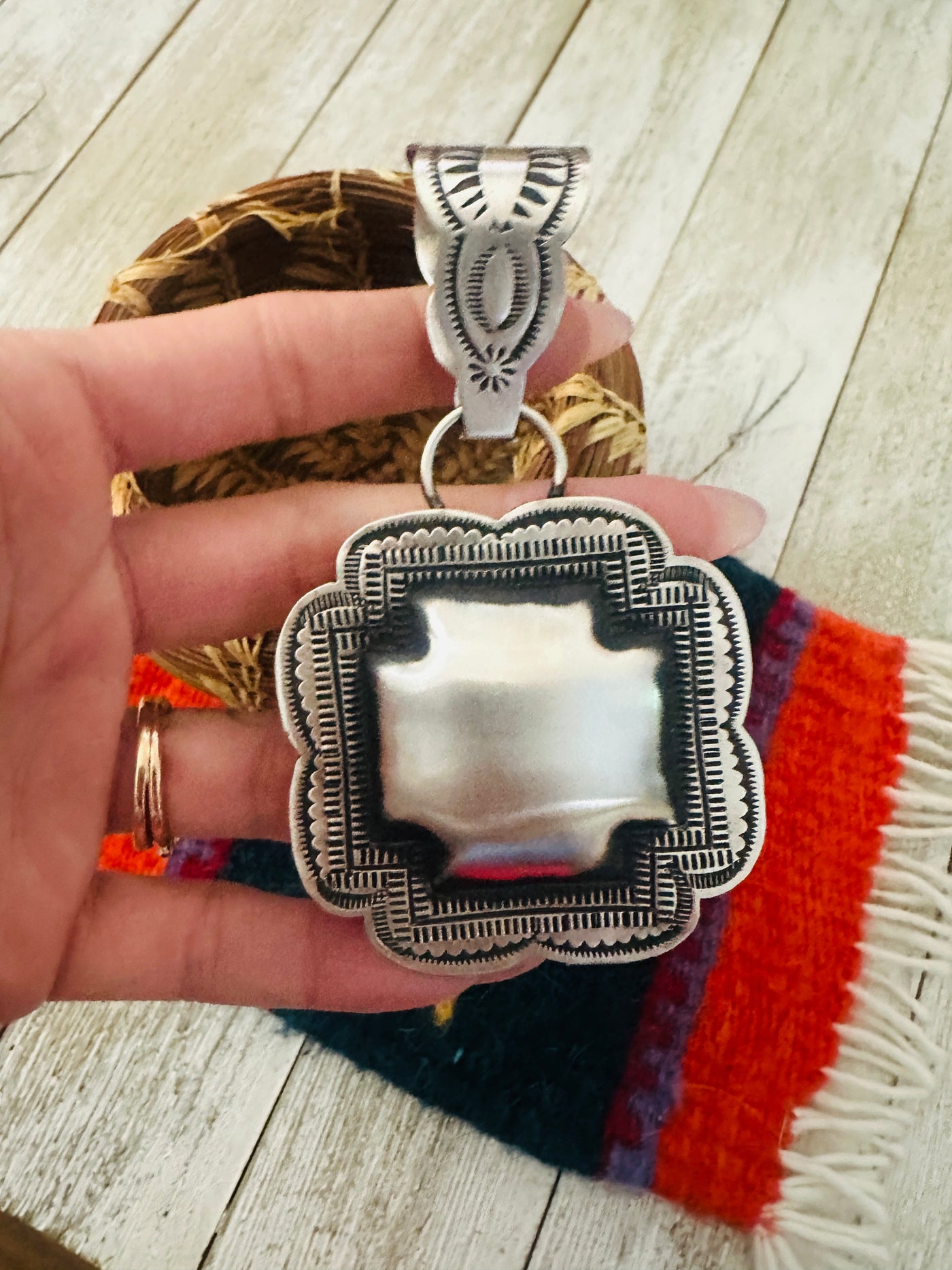 Handcrafted Sterling Silver Cross Concho Pendant by Leander Tahe