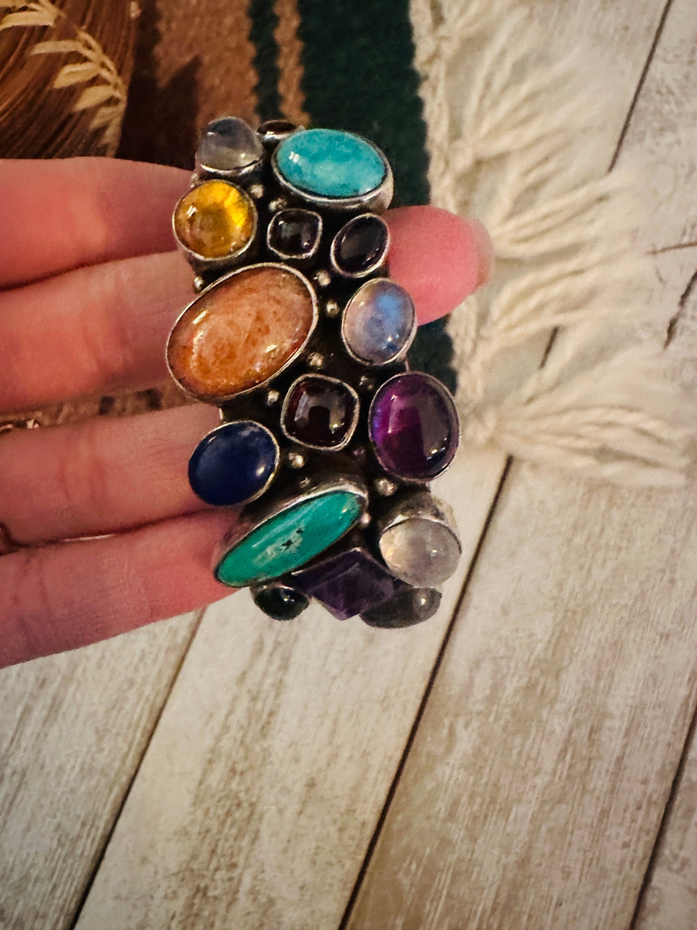 Navajo Old Pawn Vintage Multi Stone & Sterling Silver Cuff Bracelet