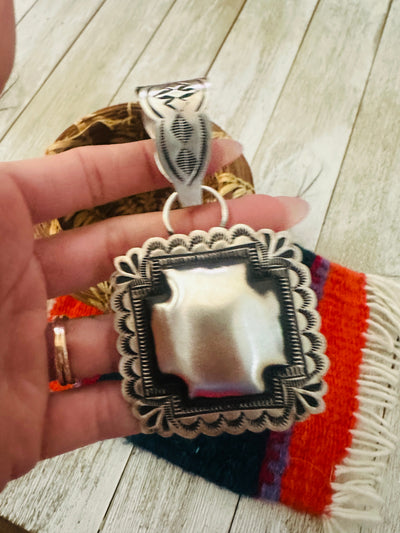 Handcrafted Sterling Silver Cross Concho Pendant by Leander Tahe