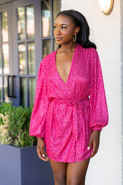 Adeline Sequin Wrap Dress - Guava