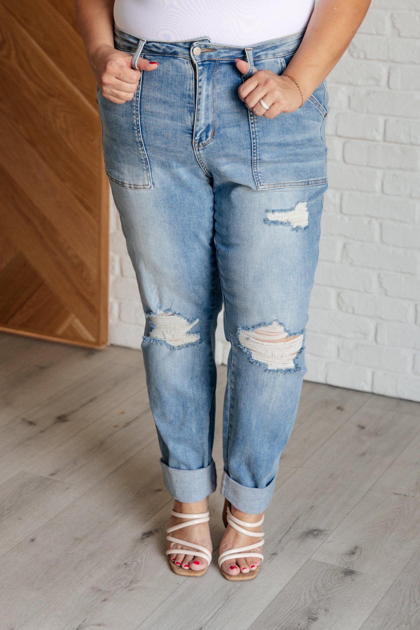 Aiden High Rise Patch Pocket Distressed Boyfriend Jeans