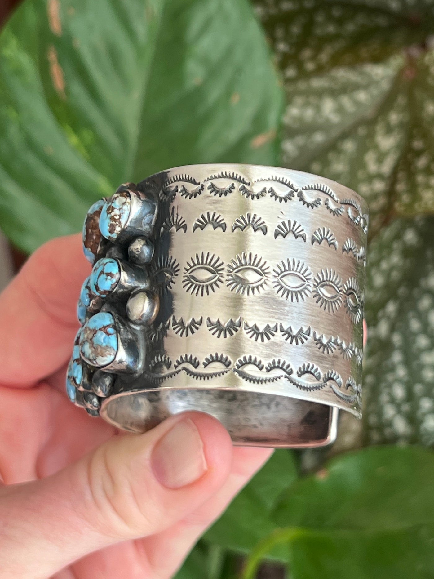 Handcrafted Stamped Sterling Silver and Golden Hills Turquoise Cuff Bracelet by Jennifer Garcia for Chimney Butte /