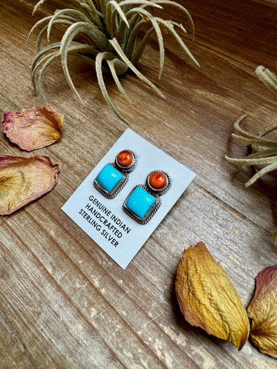 Marcella James Kingman Turquoise & Spiny Oyster Stud Earrings – Sterling Silver, Native Made