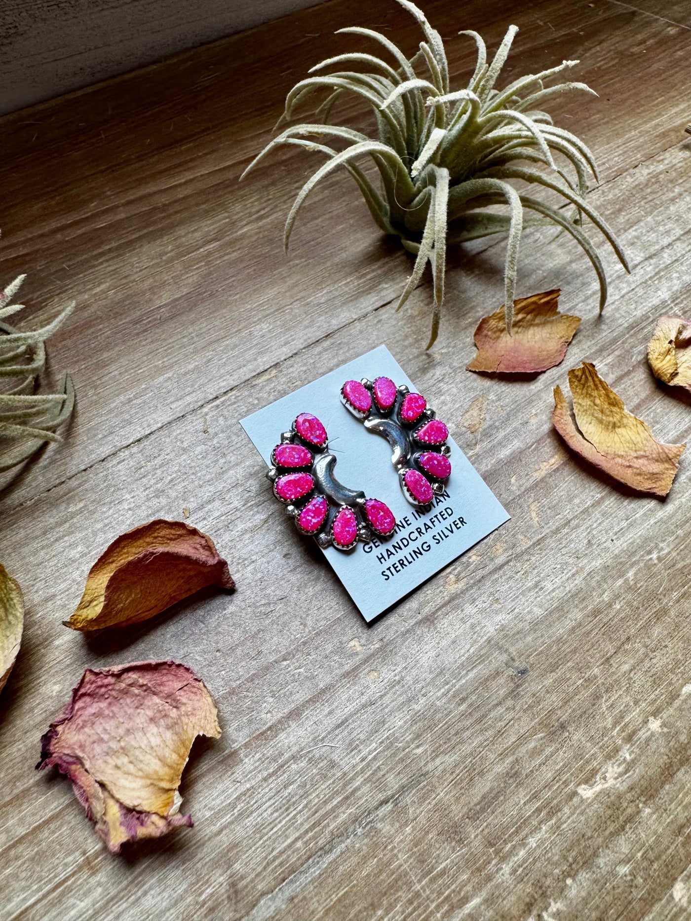 Half Cluster Earrings – Bright Pink Opal & Sterling Silver