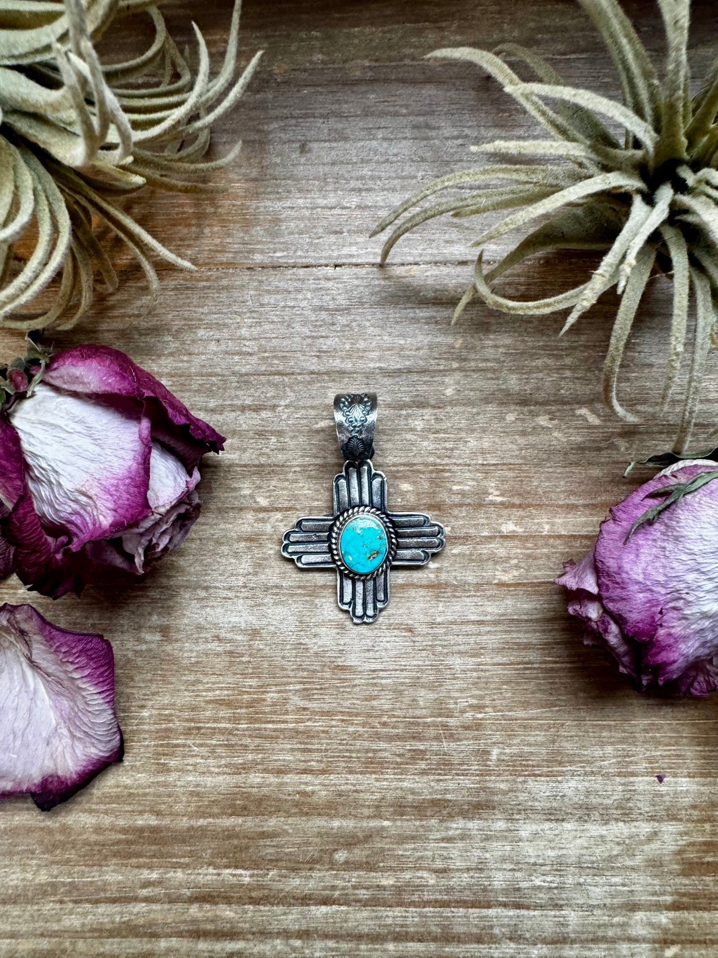 Zia Symbol Pendant with Sonoran Gold Turquoise – Sterling Silver – Native Made by K. Billah – Fits 8mm