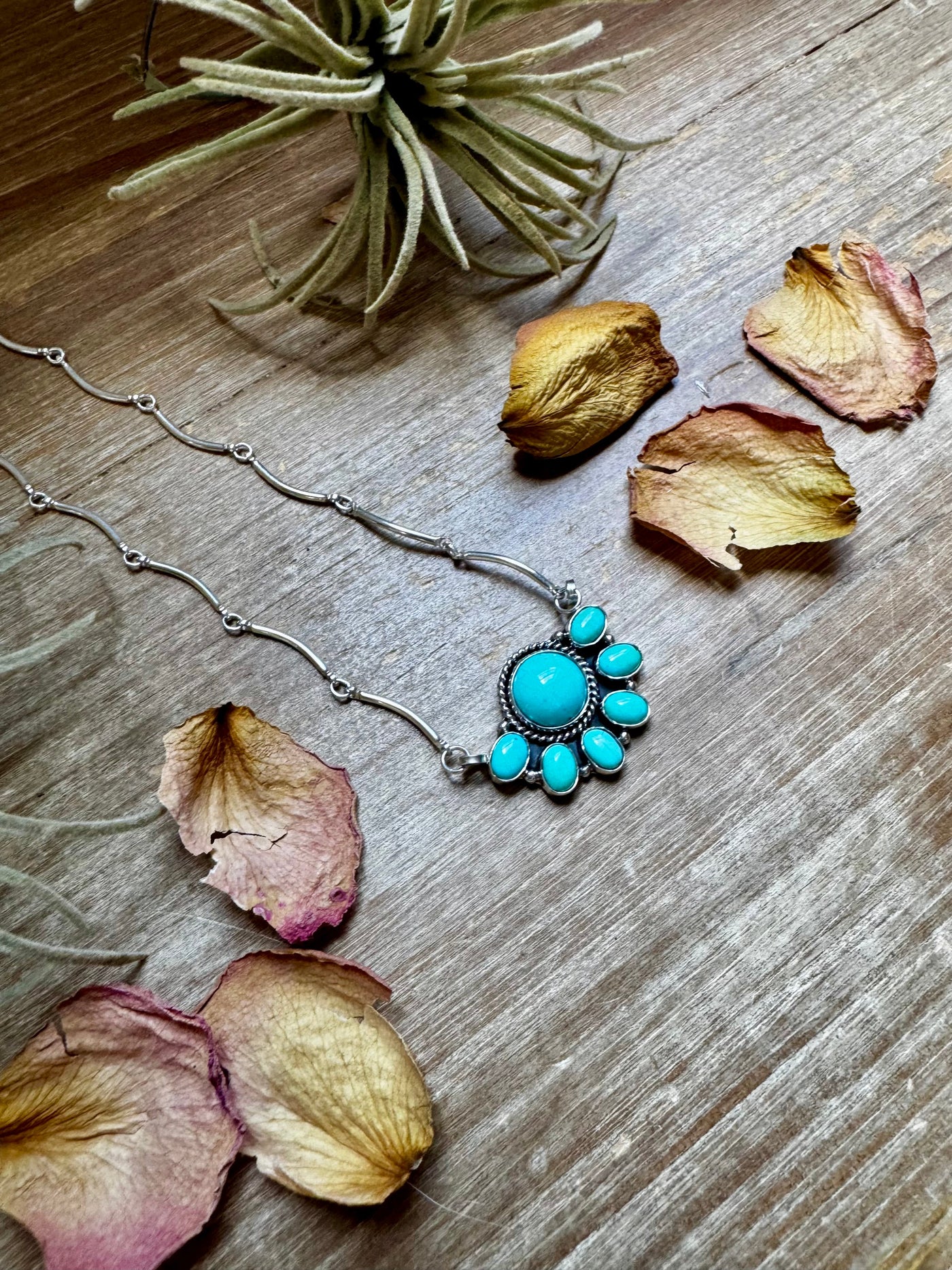 Smaller Cluster Necklace – Kingman Turquoise on Liquid Silver Chain, 18 Inch – USA Made