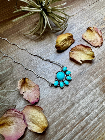 Smaller Cluster Necklace – Kingman Turquoise on Liquid Silver Chain, 18 Inch – USA Made