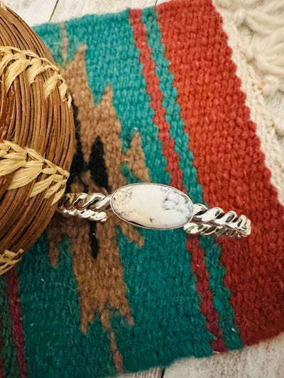 Handcrafted White Buffalo & Twisted Sterling Silver Cuff Bracelet