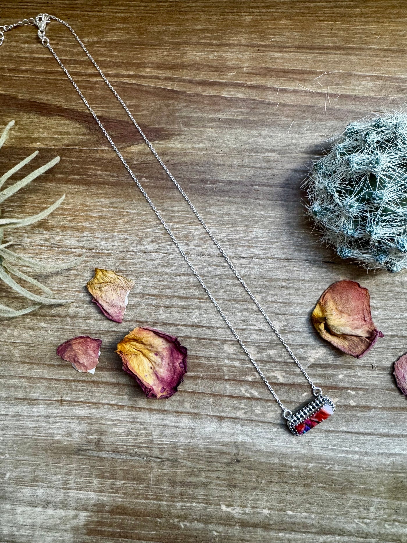 Bar Necklace Pink Dahlia & Sterling Silver