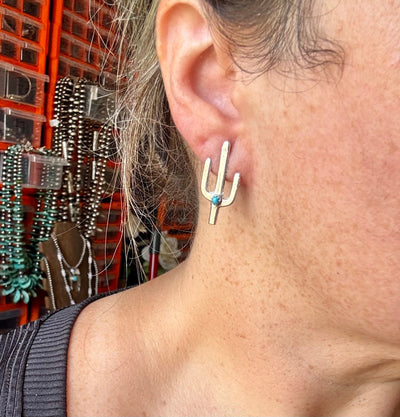 Cactus Stud Earrings – Sterling Silver with Kingman Turquoise, Native Made
