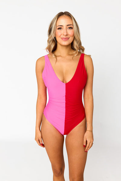 Hot Pink/Red Color Block One-Piece Swimsuit