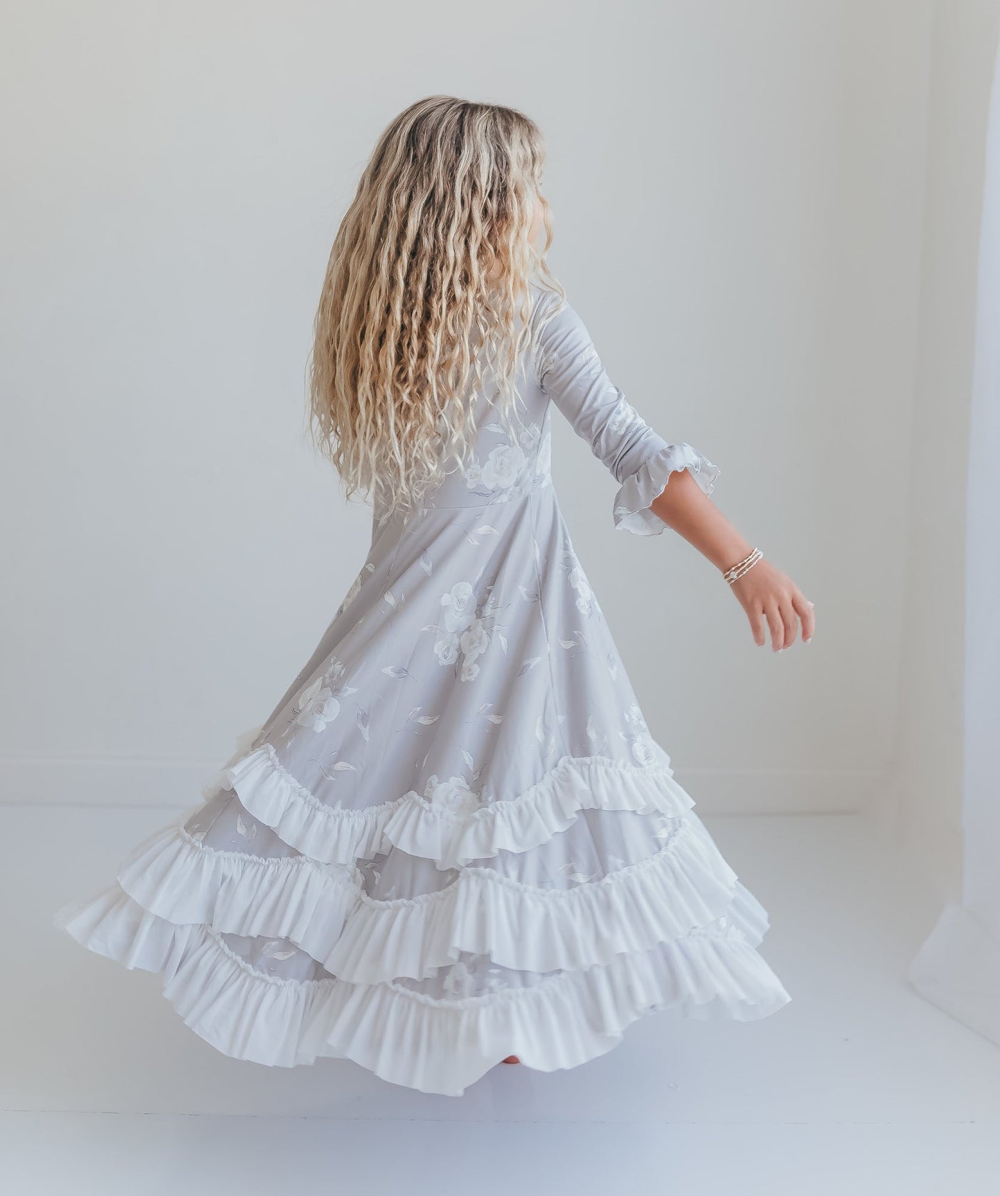 Gray Floral Ruffles Dress