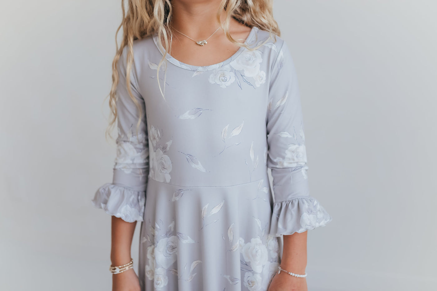Gray Floral Ruffles Dress