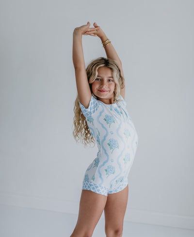Blue Floral Coquette Shortie Leotard