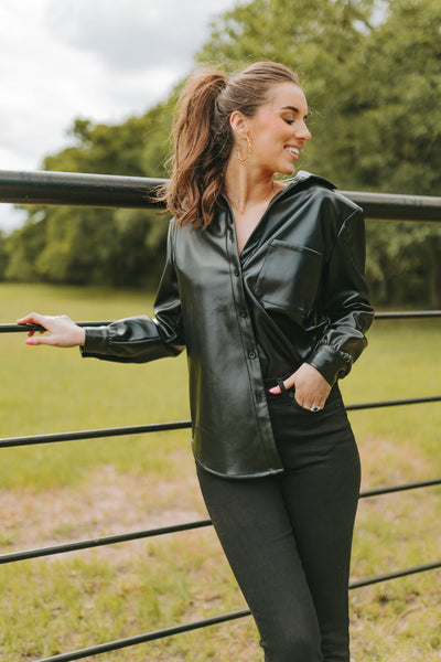 Brielle Vegan Leather Button Up Top - Black