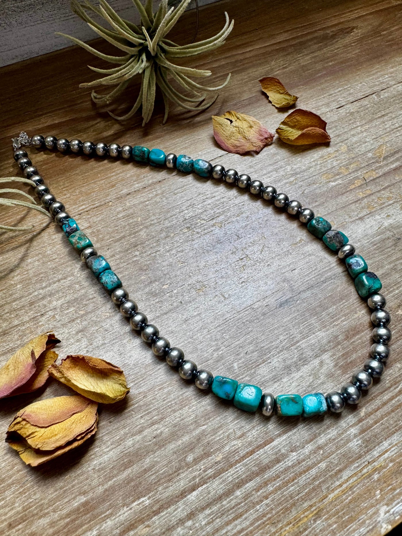 Blue Turquoise & Sterling Silver Necklace – 8 mm Pearls – 20 ½ Inch