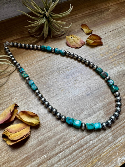 Blue Turquoise & Sterling Silver Necklace – 8 mm Pearls – 20 ½ Inch