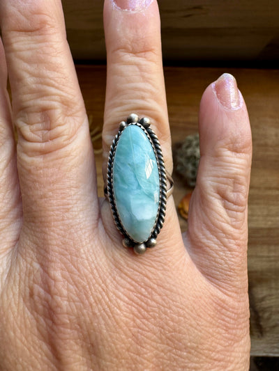 Long Ring- Size 6.5 - Larimar & sterling silver