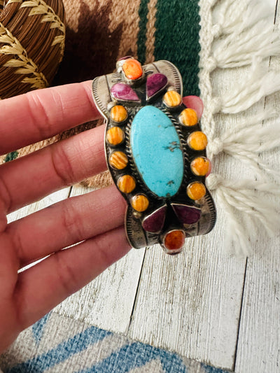 Handcrafted Old Pawn Turquoise, Spiny & Sterling Silver Cuff Bracelet /
