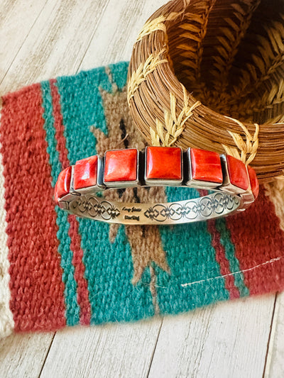 Handcrafted Spiny Oyster & Sterling Silver Bangle Bracelet Signed Leroy James