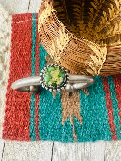 Handcrafted Sonoran Gold Turquoise & Sterling Silver Cuff Bracelet by Russell Sam