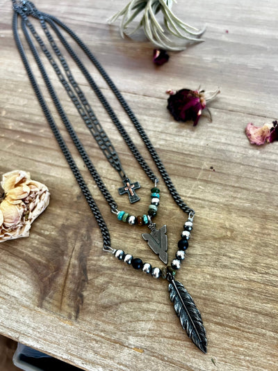 Men black chain with arrow and real turquoise