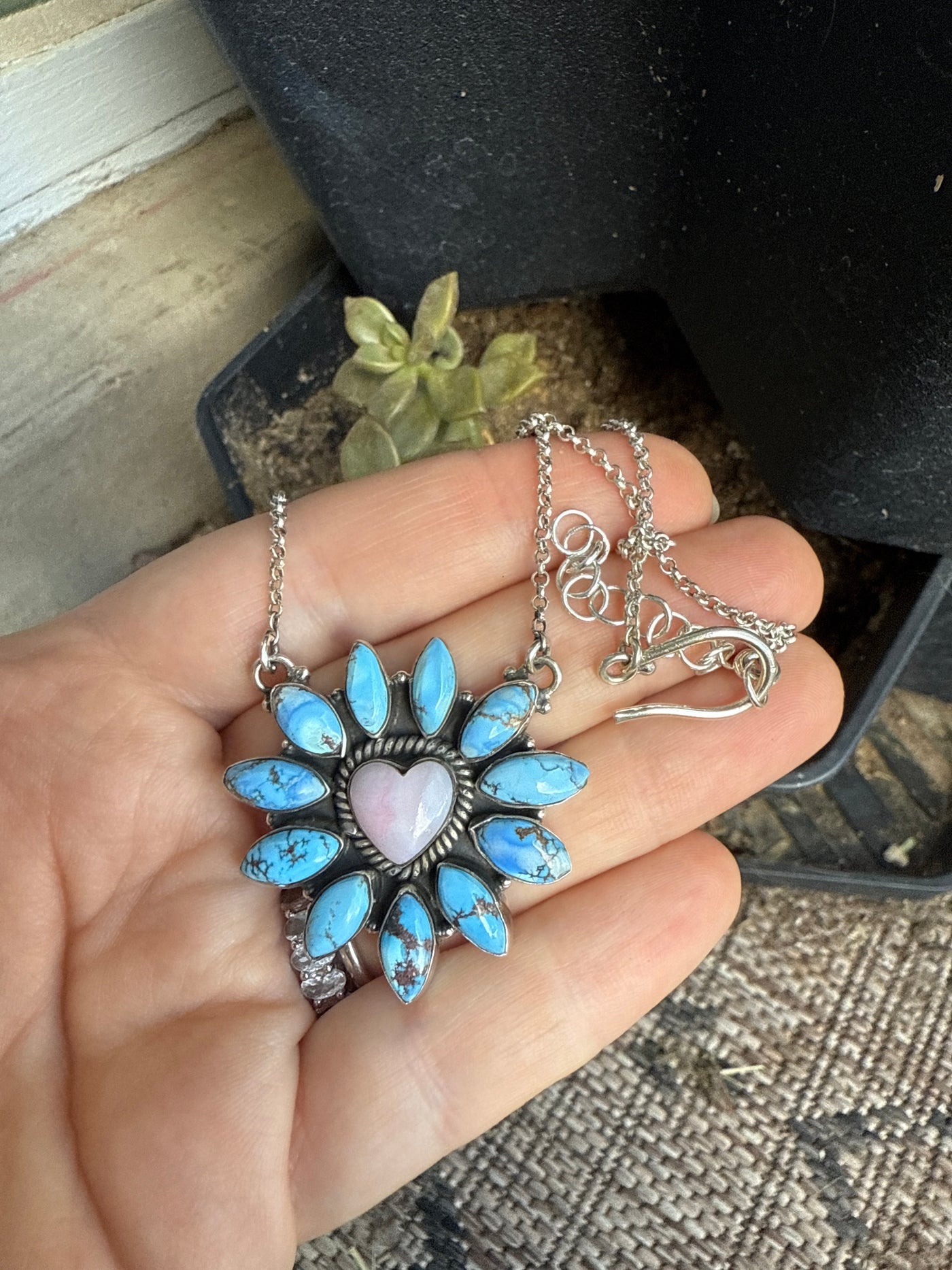 Handmade Sterling Silver, Golden Hills Turquoise & Pink Conch Heart Necklace