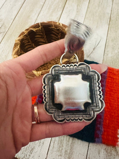 Handcrafted Sterling Silver Cross Concho Pendant by Leander Tahe