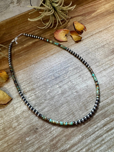 Sterling Silver Pearl & Green Heishi Turquoise Necklace – 19"