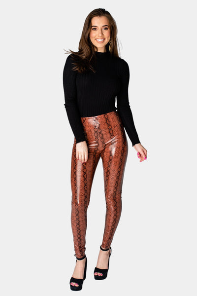 Mila Patent Vegan Leather Legging - Cognac Snake