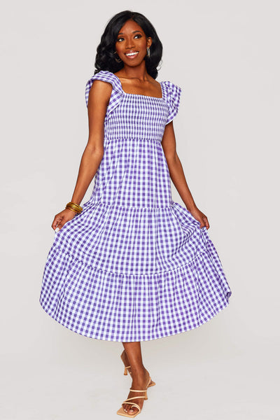 Brynn Ruffle Shoulder Midi Dress - Purple Checker