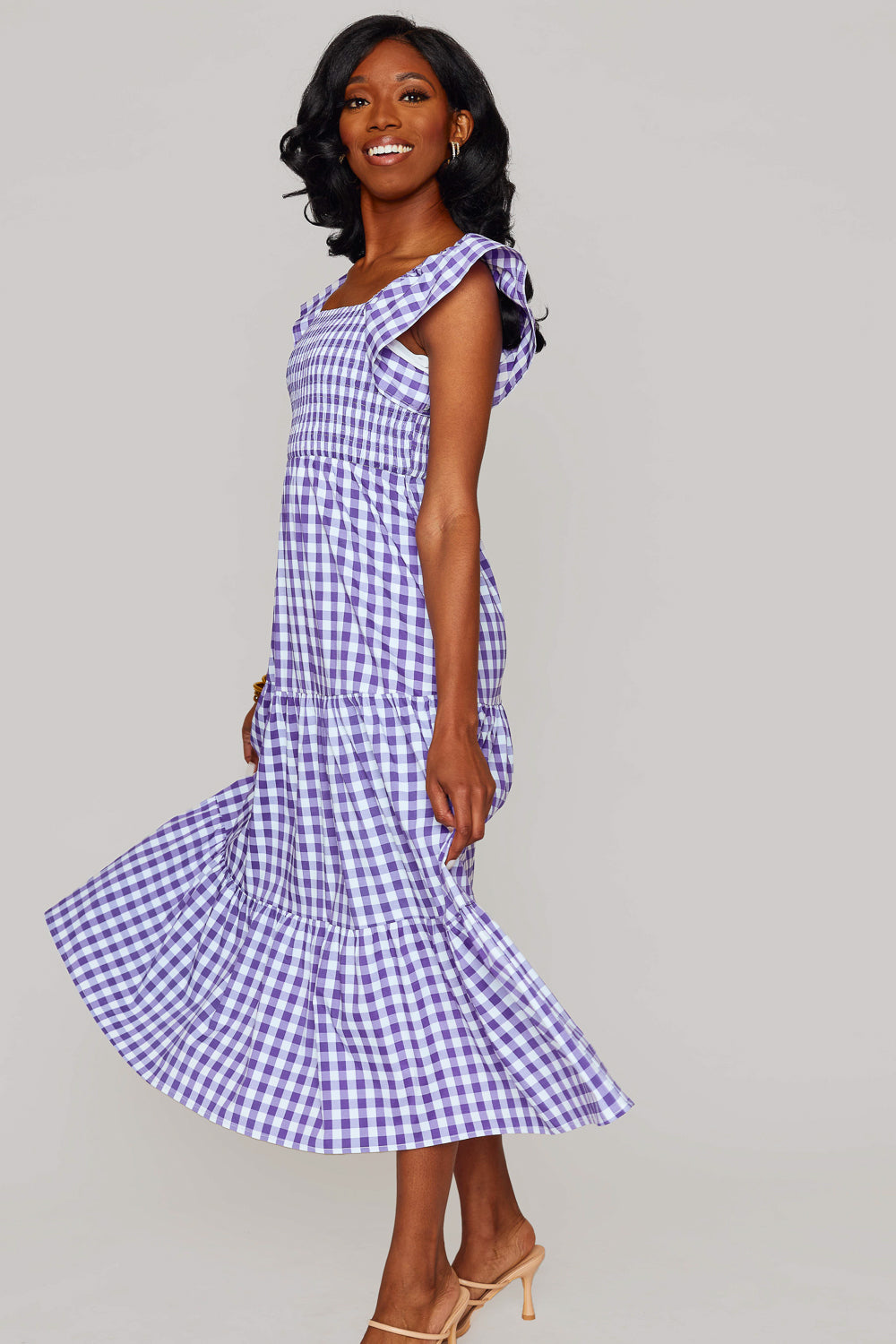 Brynn Ruffle Shoulder Midi Dress - Purple Checker