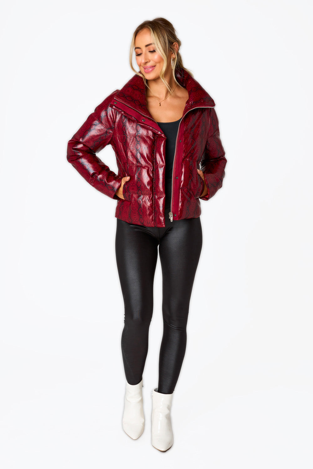 Addison Puffer Jacket - Red Snake