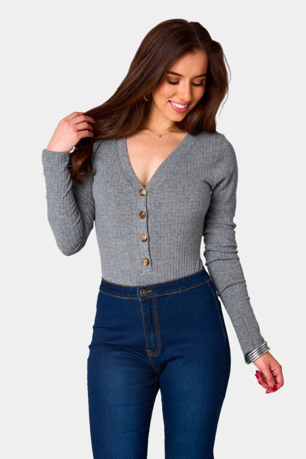 Holly Long Sleeve Button Up Bodysuit - Grey