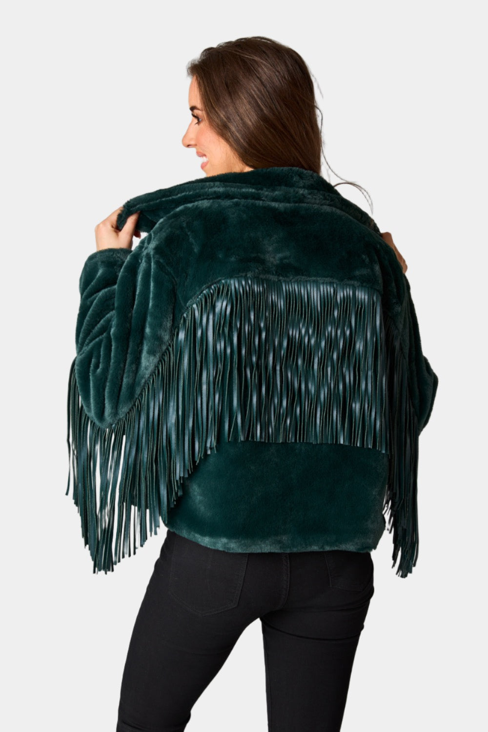 Skylar Fringe Faux Fur Jacket - Jade