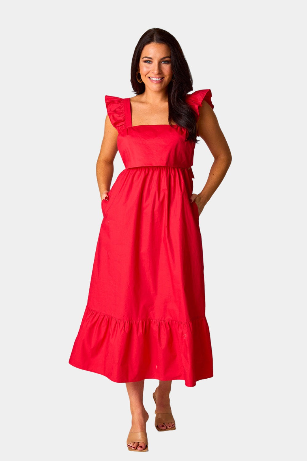 Beverly Ruffle Sleeve Midi Dress - Red