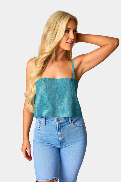 Girly Girl Rhinestone Crop Top - Turquoise