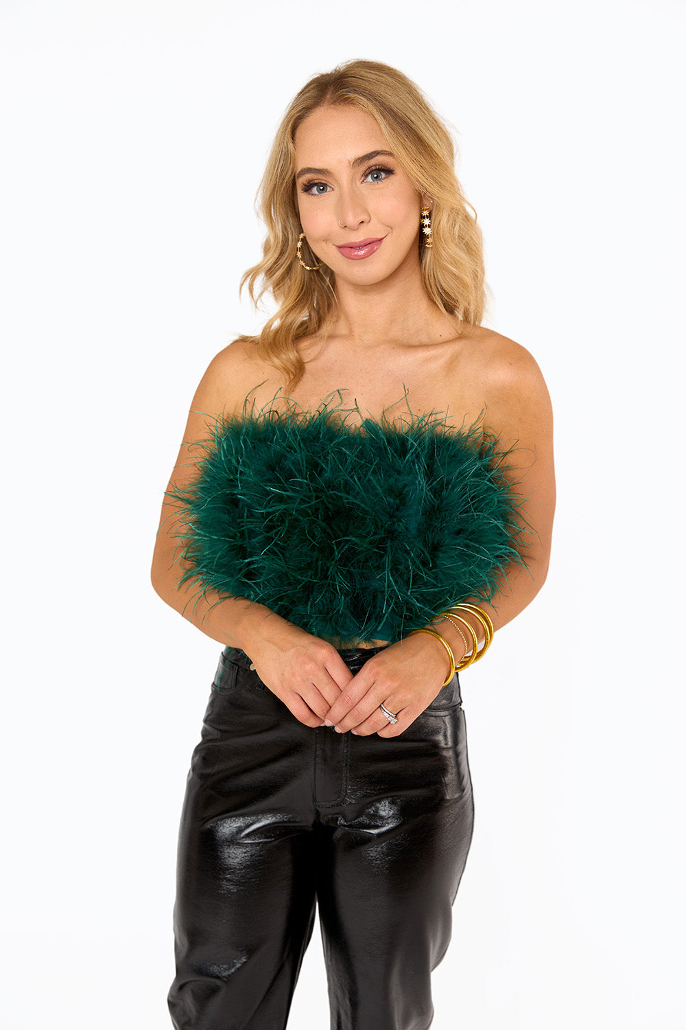 Fancy Strapless Feather Crop Top - Emerald