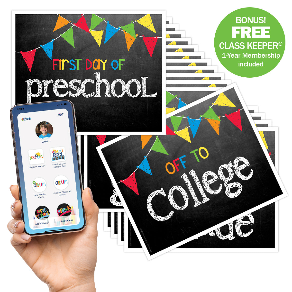 First & Last Day of School Signs + BONUS App Membership | Photo Prop Deck | 17 Grades | (4) Styles