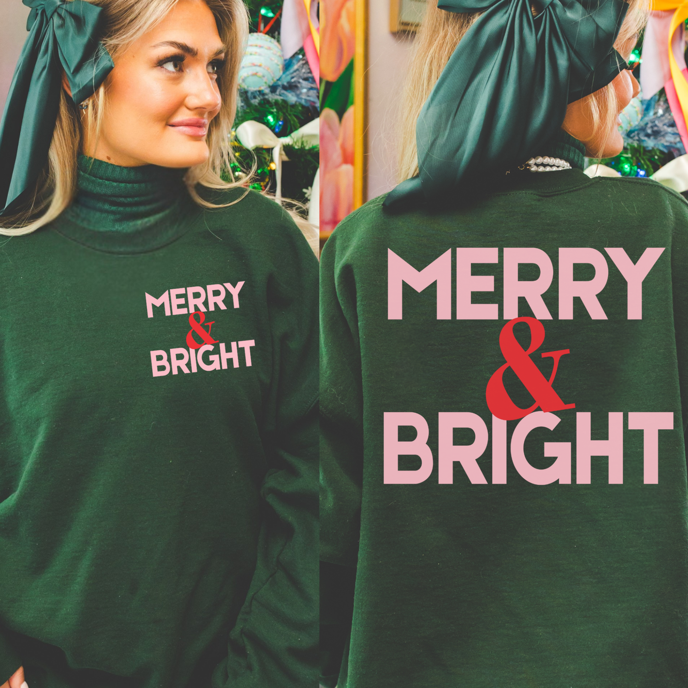 Merry & Bright Christmas Sweatshirt | Forest Green Holiday Pullover