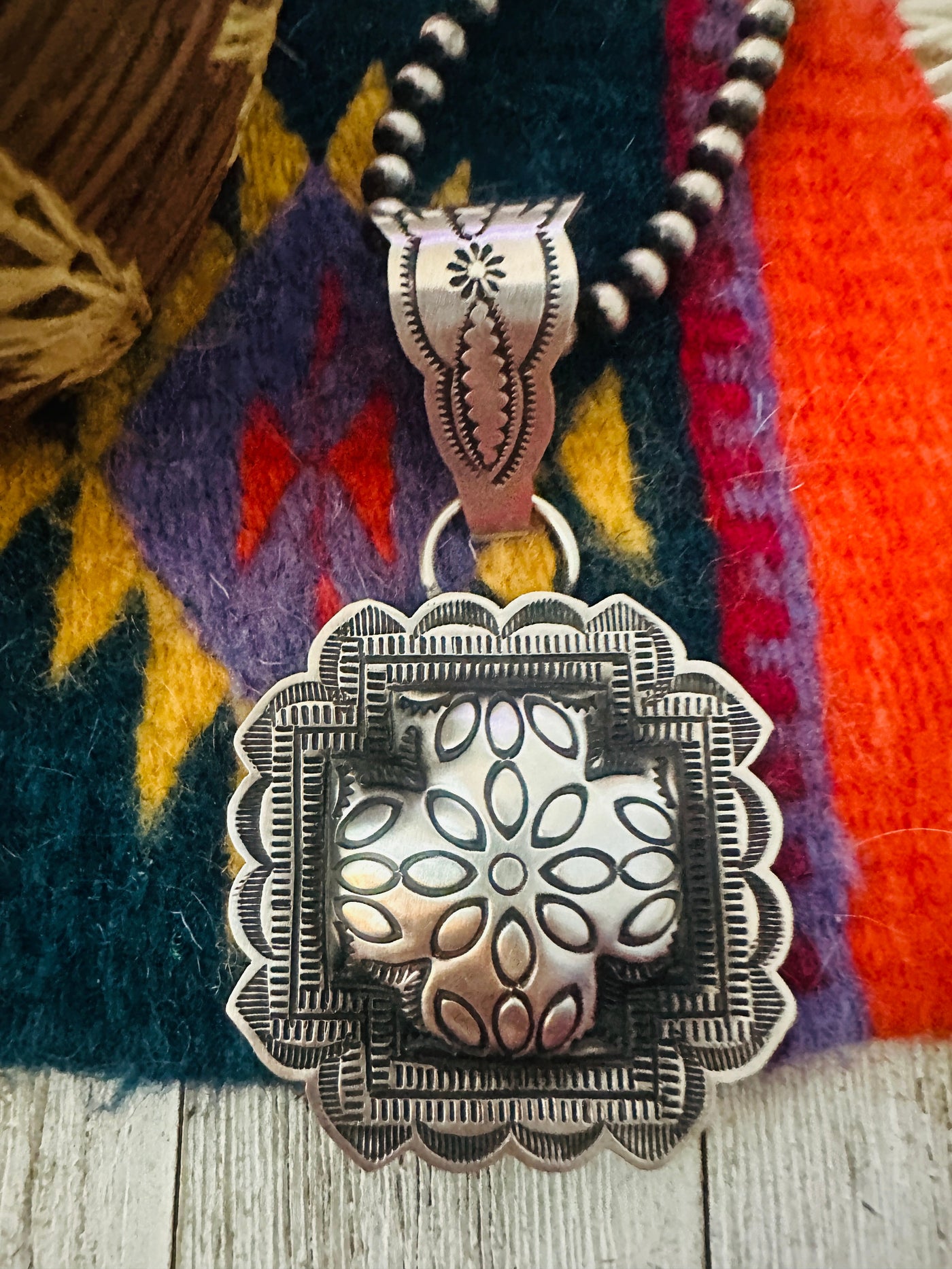 Handcrafted Sterling Silver Cross Concho Pendant by Leander Tahe