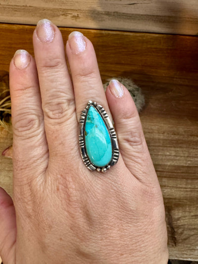 Long Ring- adjustable- Kingman turquoise ring and sterling silver