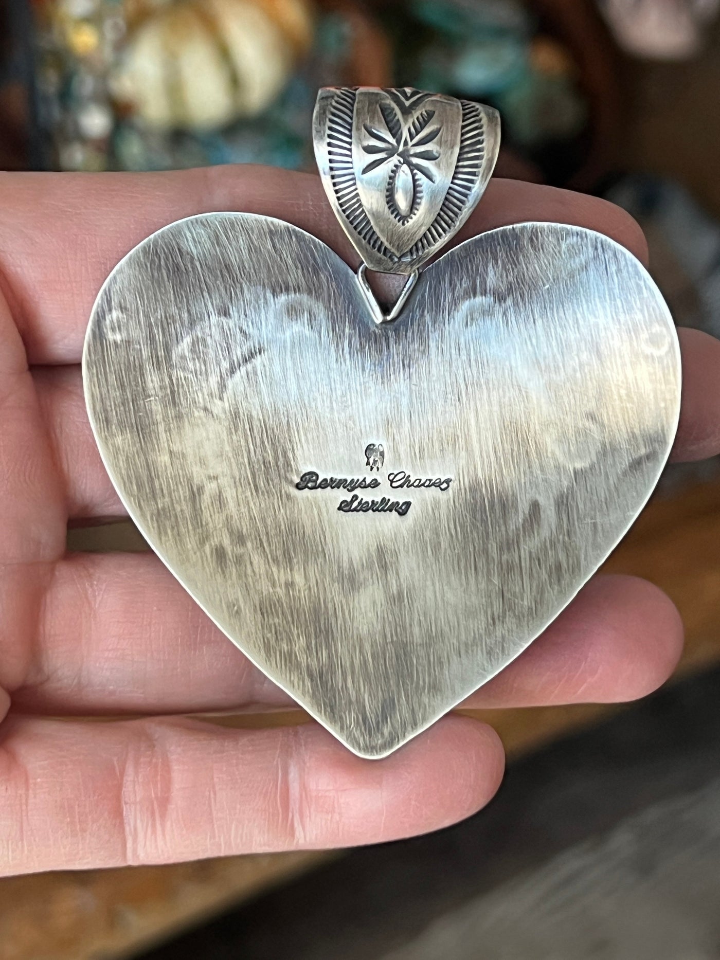 Hand Stamped Sterling Silver & Sonoran Mountain Turquoise Heart Pendant by Bernyse Chavez