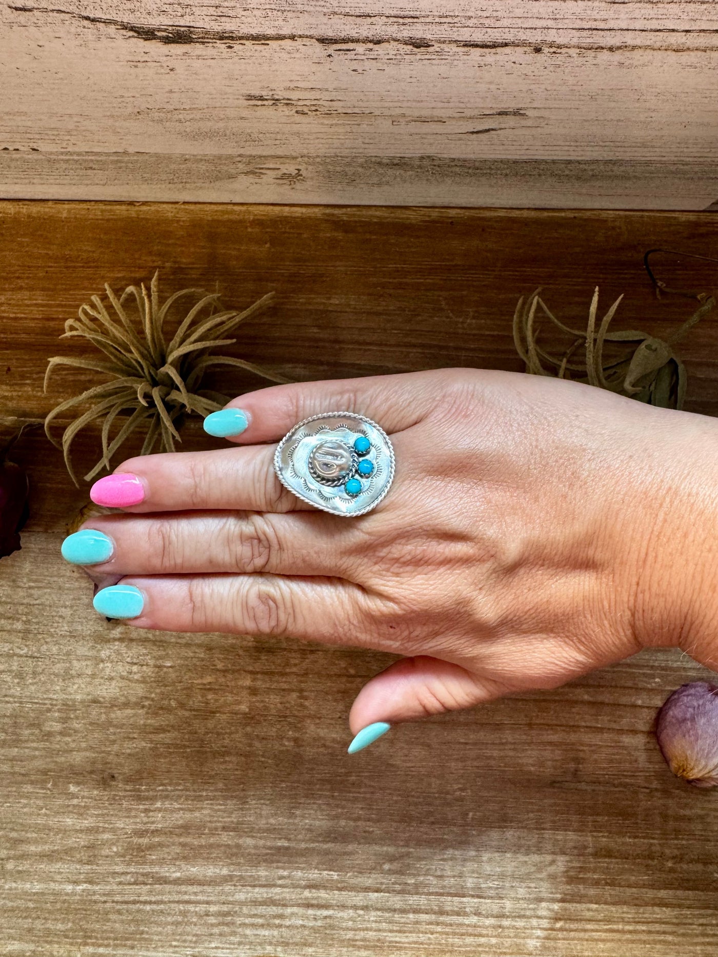 Cowboy Hat Ring with Kingman Turquoise – Triple Stone – Size 7.5 – Sterling Silver