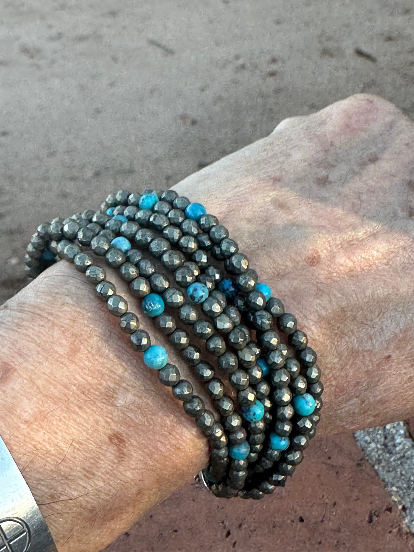 Paige Wallace Handmade Pyrite, Turquoise & Sterling Silver Beaded 8 Strand Bracelet